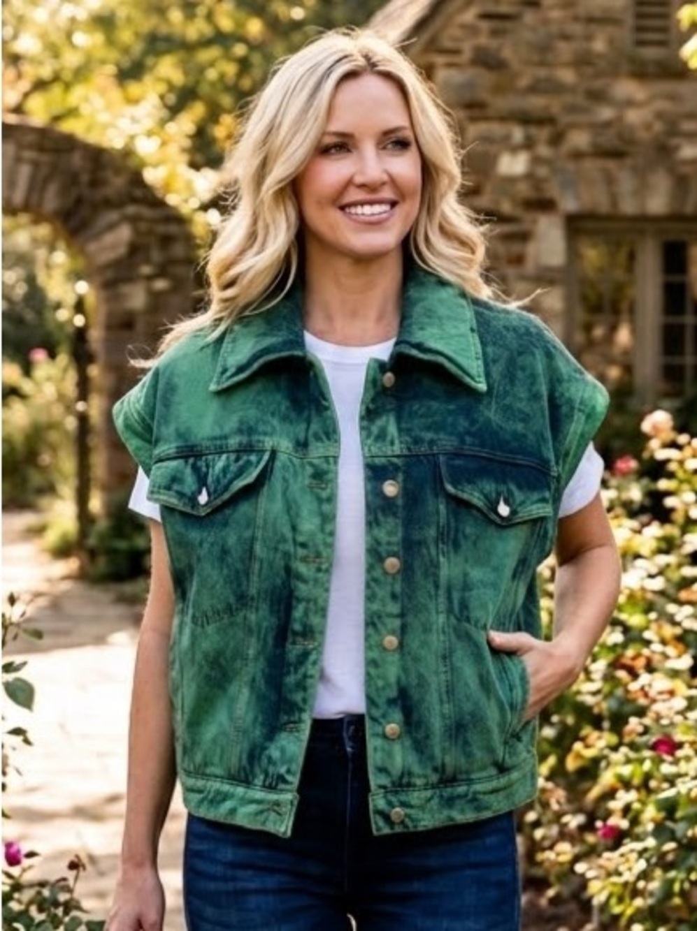 KHRISJOY Green Acid Wash Denim Jean Vest Sz M